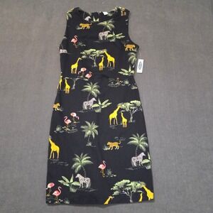 Old Navy Safari Animal Print Sheath Dress Womens S Black Giraffe Zebra Flamingo